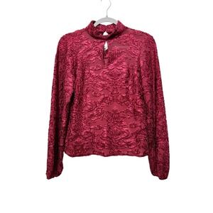 Calligraphie Burgundy Damask Burnout Mock Neck Keyhole Blouse Women S Whimsigoth